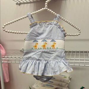 Blue Striped Kids Swim One Piece